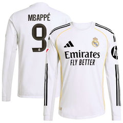 Kylian Mbappé Real Madrid adidas 2025/26 Home Long Sleeve Jersey - White