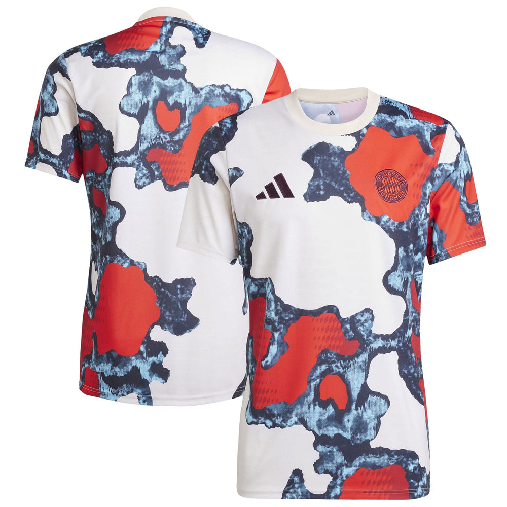 adidas Bayern Munich 2024 pre-match top with white base and red blue abstract pattern