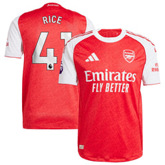 Adidas Declan Rice Arsenal jersey 2025 in red and white with Emirates Fly Better sponsor logo