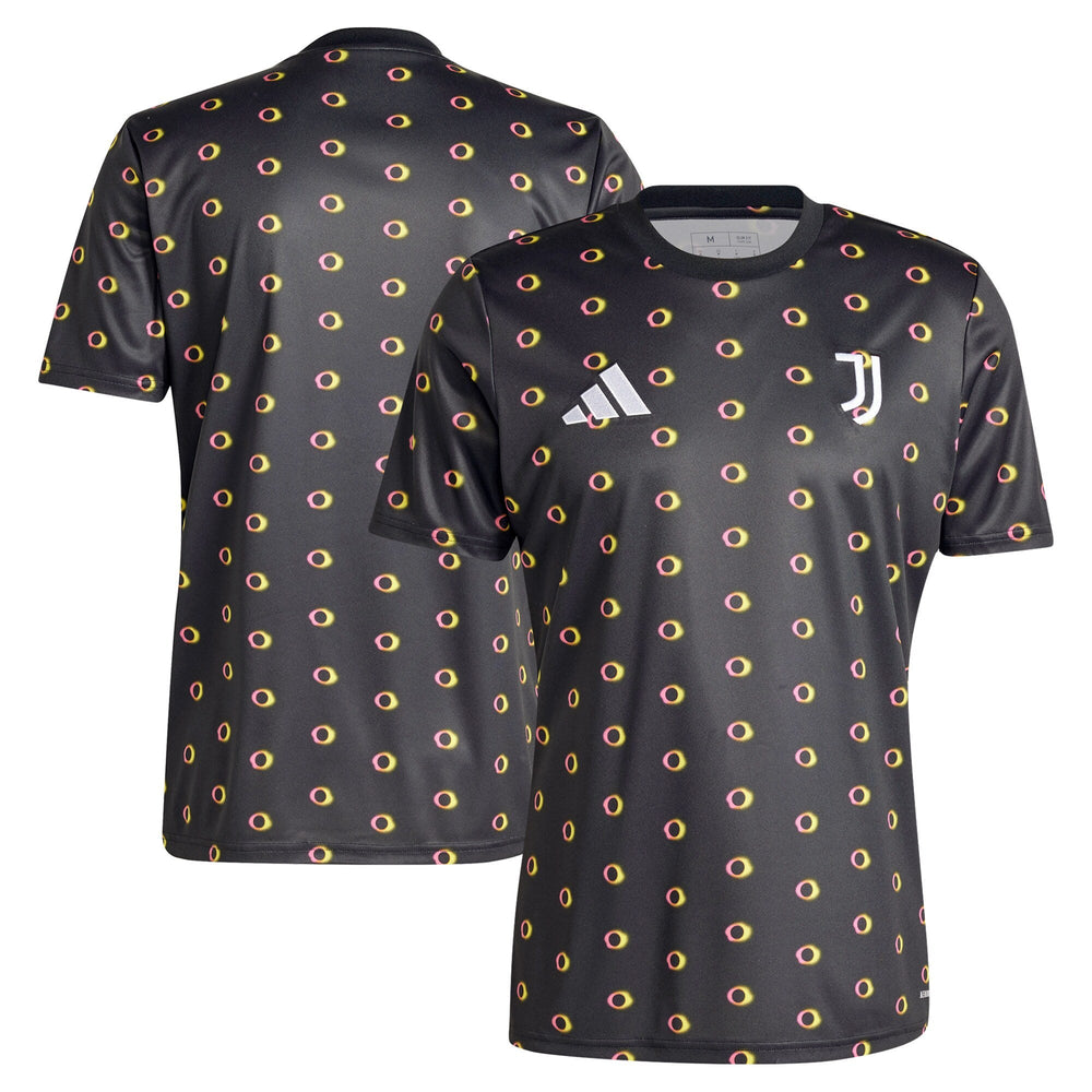 Adidas Juventus pre-match top 2024 in black with yellow and red circular pattern and team logos