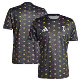 Adidas Juventus pre-match top 2024 in black with yellow and red circular pattern and team logos