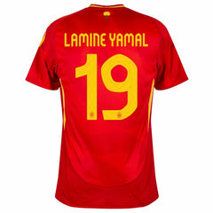 Back view of Lamine Yamal Spain Adidas Jersey 2024 in red with yellow number 19 and name print