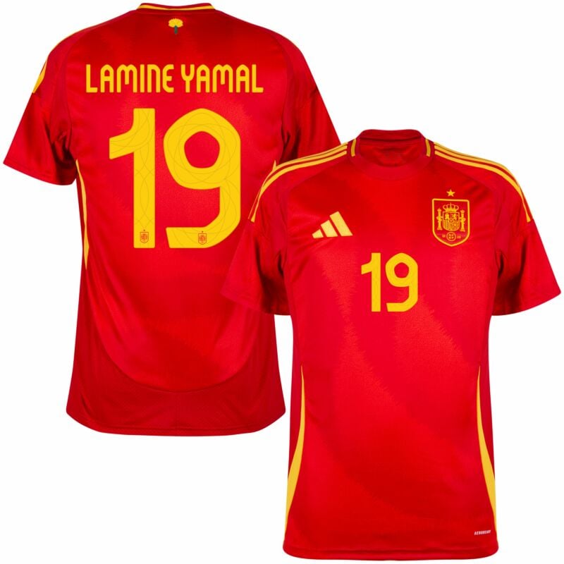 Lamine Yamal Spain Adidas Jersey 2024 red soccer jersey with number 19 and yellow accents