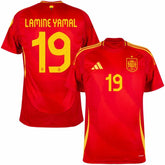 Lamine Yamal Spain Adidas Jersey 2024 red soccer jersey with number 19 and yellow accents