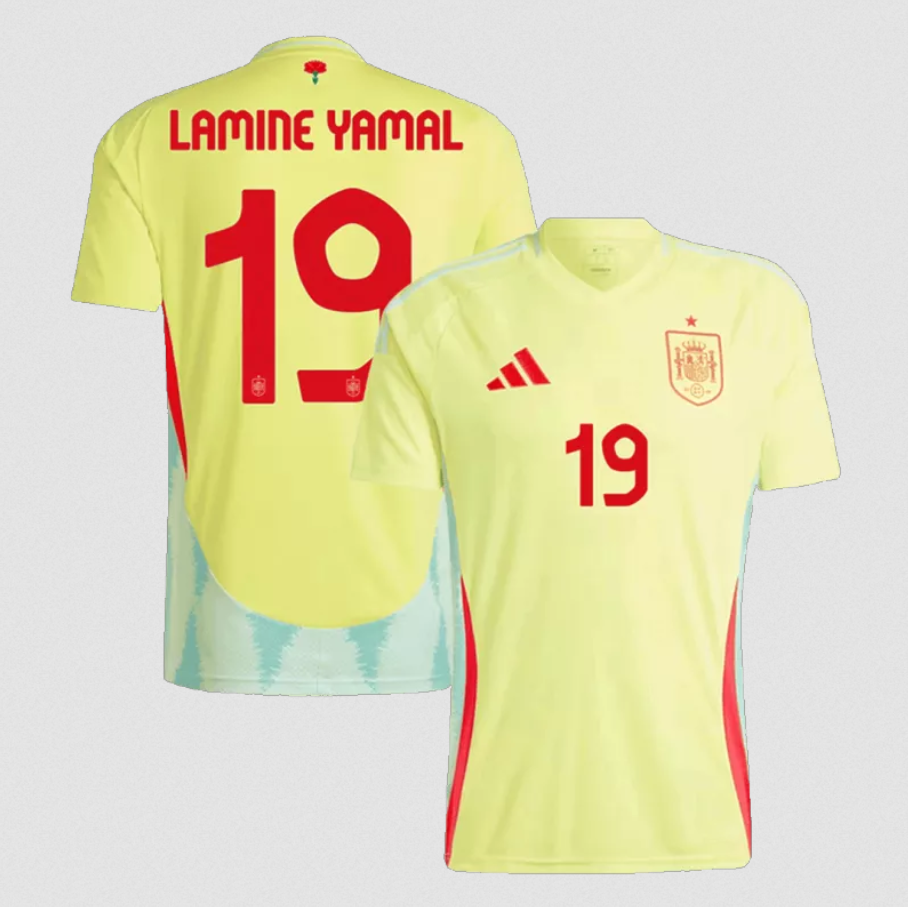 adidas Lamine Yamal Spain away jersey number 19 in yellow with red details front and back view
