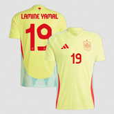 adidas Lamine Yamal Spain away jersey number 19 in yellow with red details front and back view