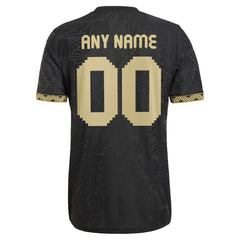 Back view of adidas Mexico custom soccer jersey 2025 in black with gold pixelated number and customizable name