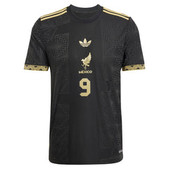 adidas Raul Jimenez Mexico 2025 Jersey in black with gold details and number 9 front design