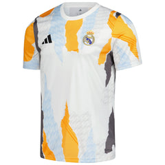 adidas Real Madrid 2024 pre-match top with white base and orange, blue, and black abstract patterns