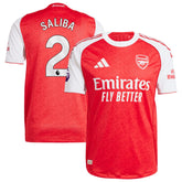 William Saliba Arsenal jersey 2025 by adidas in red and white with sponsor Emirates Fly Better