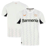 Castore Bayer Leverkusen 2024-25 away jersey in white with black accents and Barmenia sponsor logo