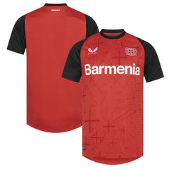 Castore Bayer Leverkusen 2024 home jersey in red with black sleeves and Barmenia sponsor logo