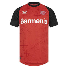 Castore Bayer Leverkusen 2024 home jersey with red body black sleeves and Barmenia sponsor logo