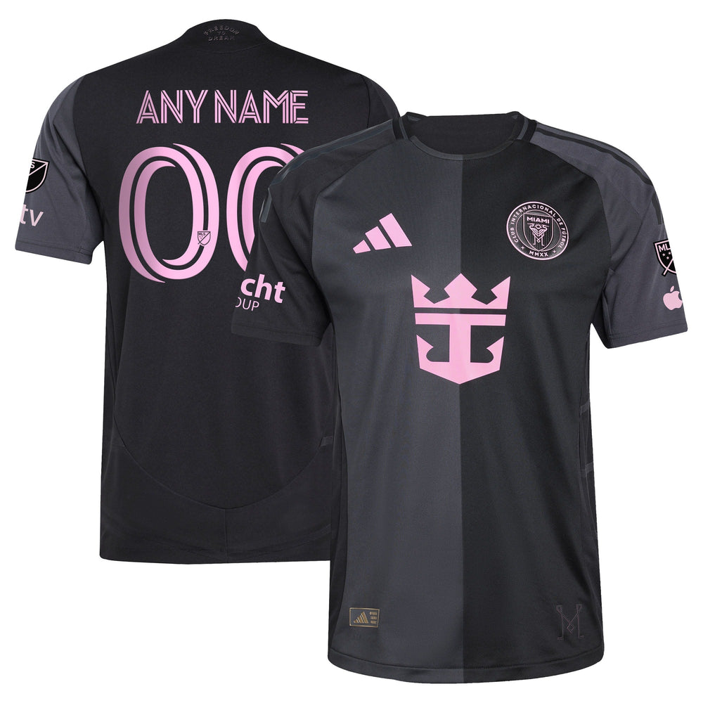 adidas Inter Miami CF black jersey 2025 with pink logo, front and back view with customizable name and number