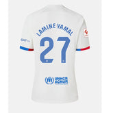 Back view of Lamine Yamal FC Barcelona away Nike jersey 23/24 in white with blue number 27 and sponsor logos