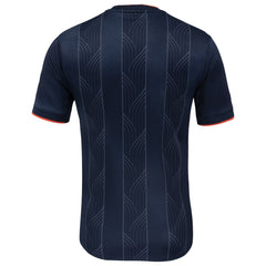 Back view of Bay FC Nike 2025 jersey in dark blue with subtle vertical pattern and red sleeve trim