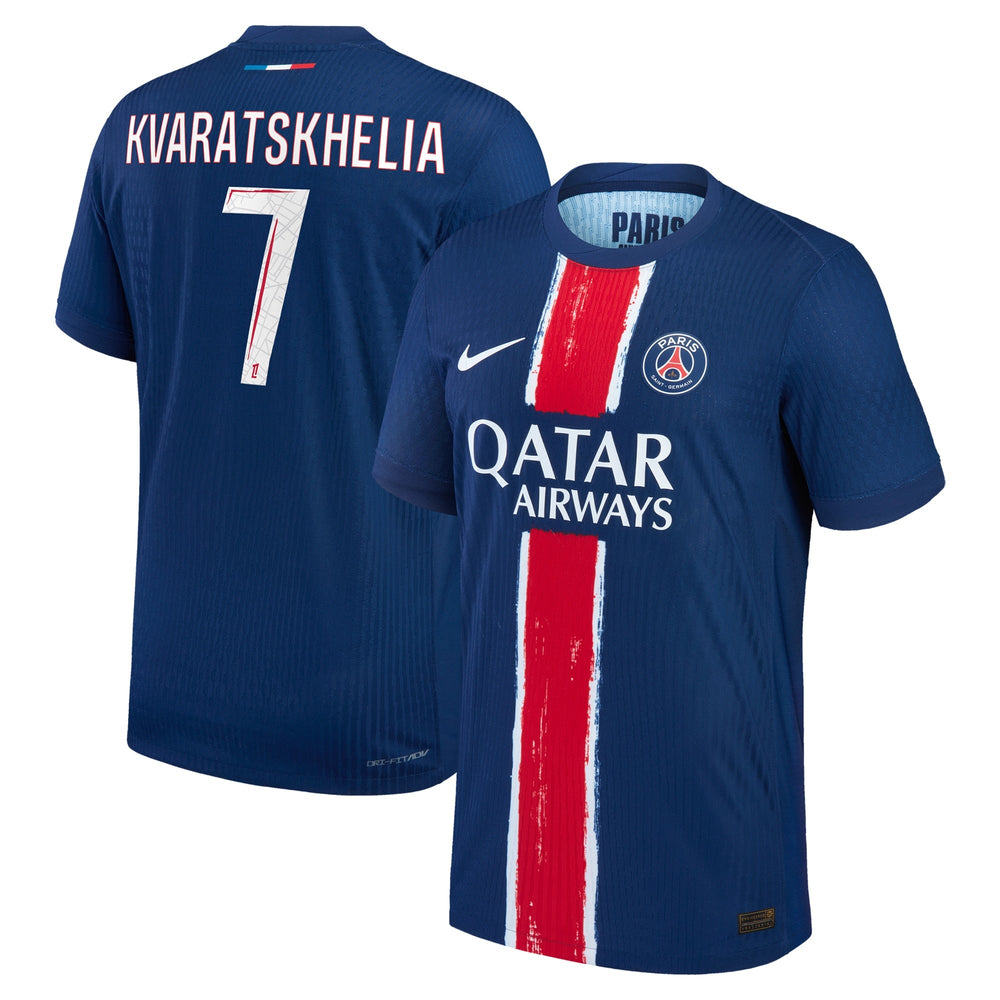 Nike Khvicha Kvaratskhelia PSG jersey 2024 in blue with red and white vertical stripe and number 7