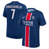 Nike Khvicha Kvaratskhelia PSG jersey 2024 in blue with red and white vertical stripe and number 7