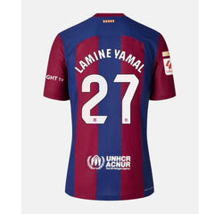 Back view of Lamine Yamal Barcelona jersey number 27 with blue and red stripes