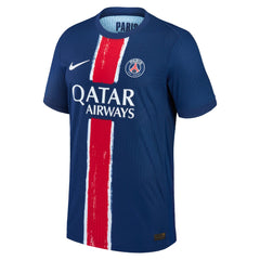 Nike Paris Saint-Germain 2025 jersey in navy blue with red and white vertical stripe and Qatar Airways logo