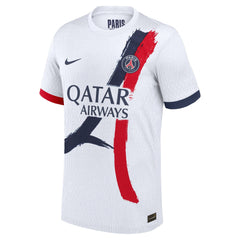 PSG Nike Away Jersey 2025 white with red and navy brushstroke design and Qatar Airways logo