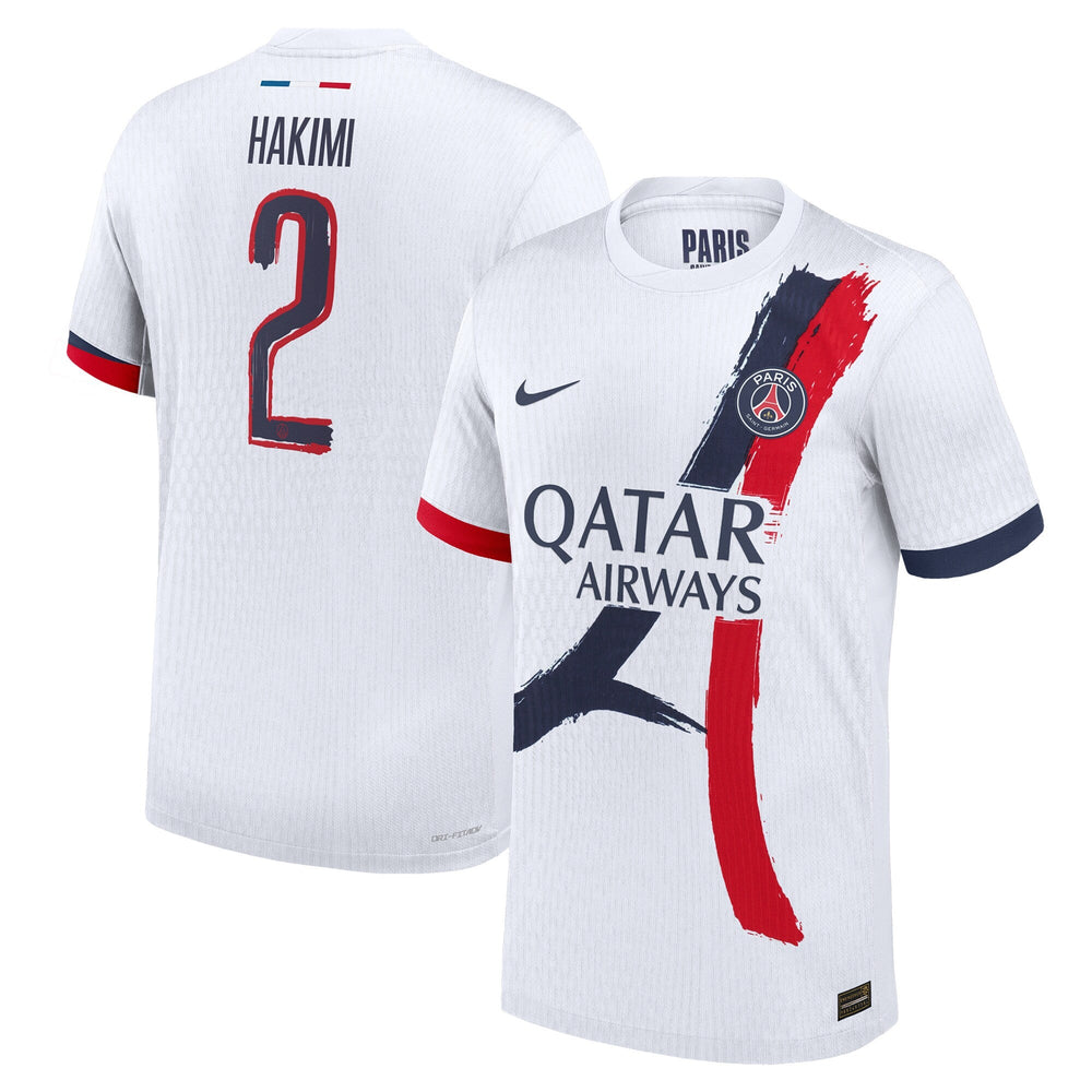 PSG Nike Away Jersey 2025 in white with red and navy brush stroke design, Hakimi number 2 on back