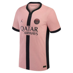 PSG Jordan Match Jersey 2025 in pink with black vertical stripe and Qatar Airways logo