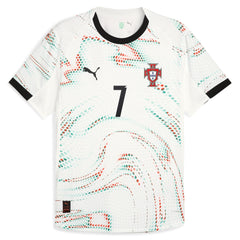 Puma Cristiano Ronaldo Portugal away jersey 2025 with white base and colorful wave pattern