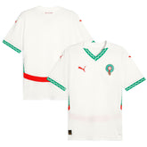 Puma Morocco 2025 away jersey in white with green and red accents and team crest on front