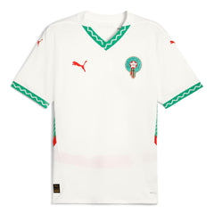 Puma Morocco 2025 away jersey in white with green and red accents and team crest on chest
