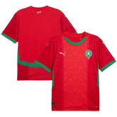 Morocco Puma home jersey 2025 in red with green accents and Moroccan Football Federation crest