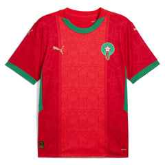 Morocco Puma home jersey 2025 in red with green collar and sleeve trim featuring team crest and Puma logo