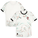 Puma Portugal 2025 Away Jersey with white base and abstract red and green wave patterns