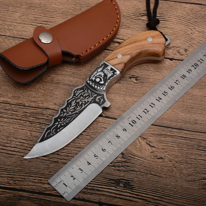 Fixed Blade Hunting Knife 440C Satin Blade Full Tang Wood Handle