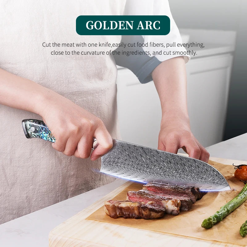 KnivesCollection™ 7" Damascus Santoku Knife – Japanese Kitchen Chef Knife with Abalone Shell Handle