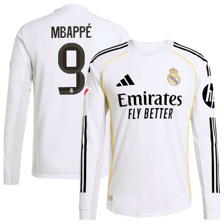 Kylian Mbappé Real Madrid adidas 2025/26 Home Long Sleeve Jersey - White