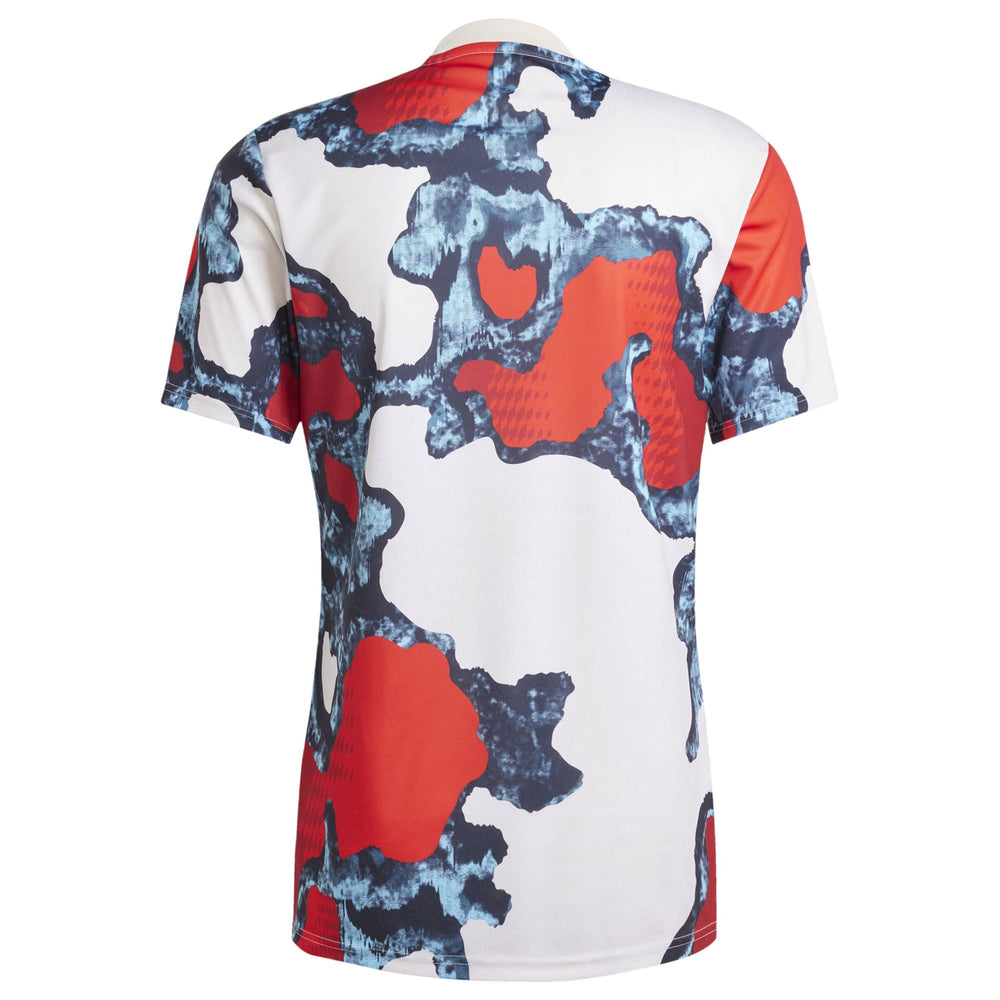 Back view of adidas Bayern Munich 2024 pre-match top with red and blue abstract pattern on white fabric
