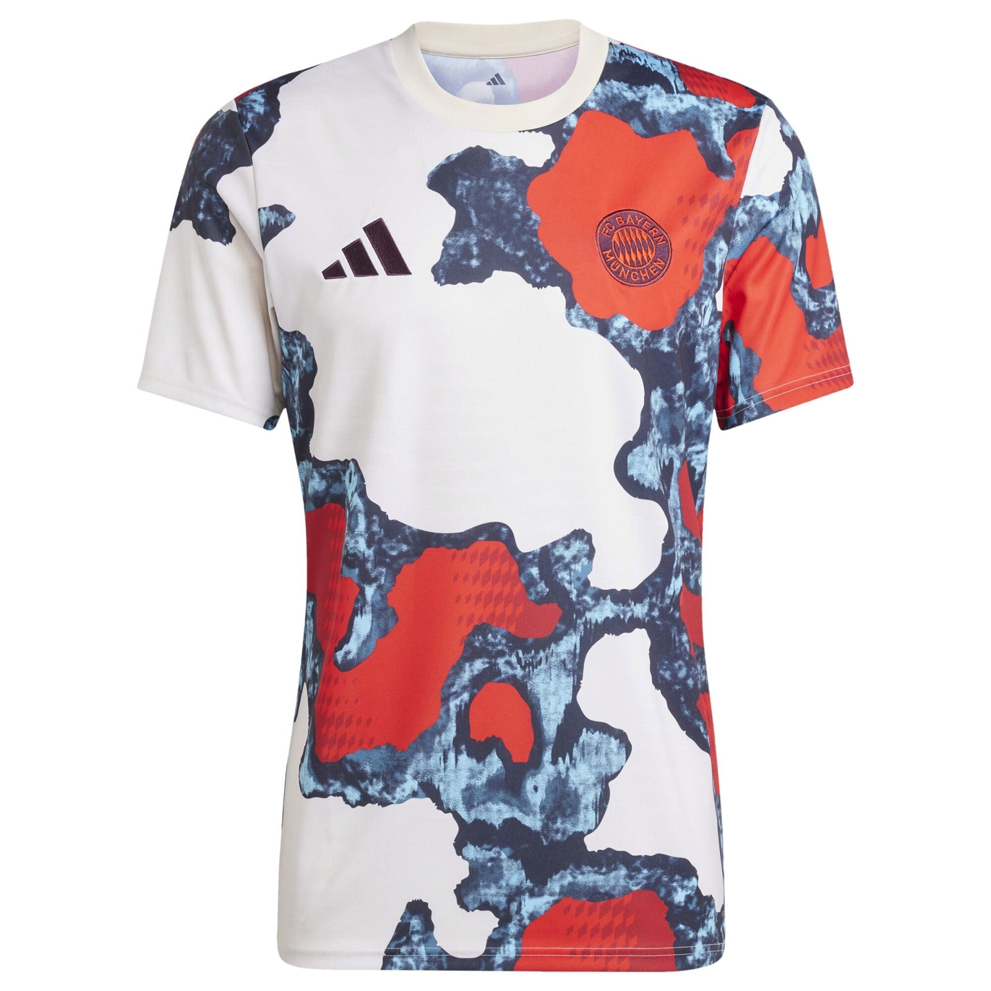 adidas Bayern Munich 2024 pre-match top with white, red, and blue camo pattern and club logo