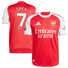 Bukayo Saka Arsenal 2025 Home Jersey by adidas red and white football shirt with number 7 and Emirates Fly Better logo