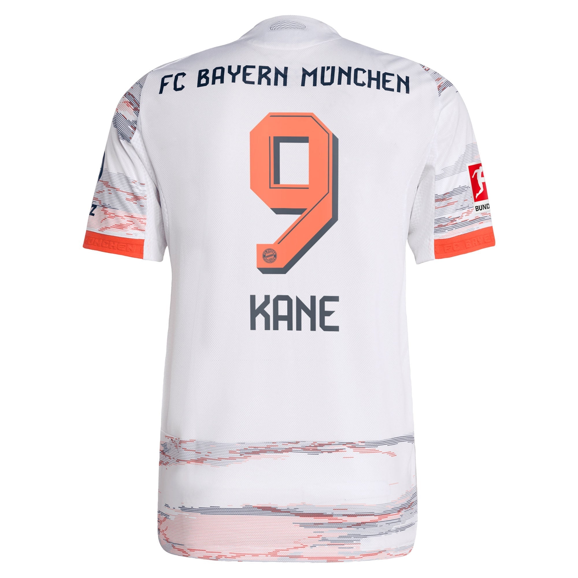 Back view of Harry Kane Bayern Munich away Adidas jersey 2026 in white with orange and gray details