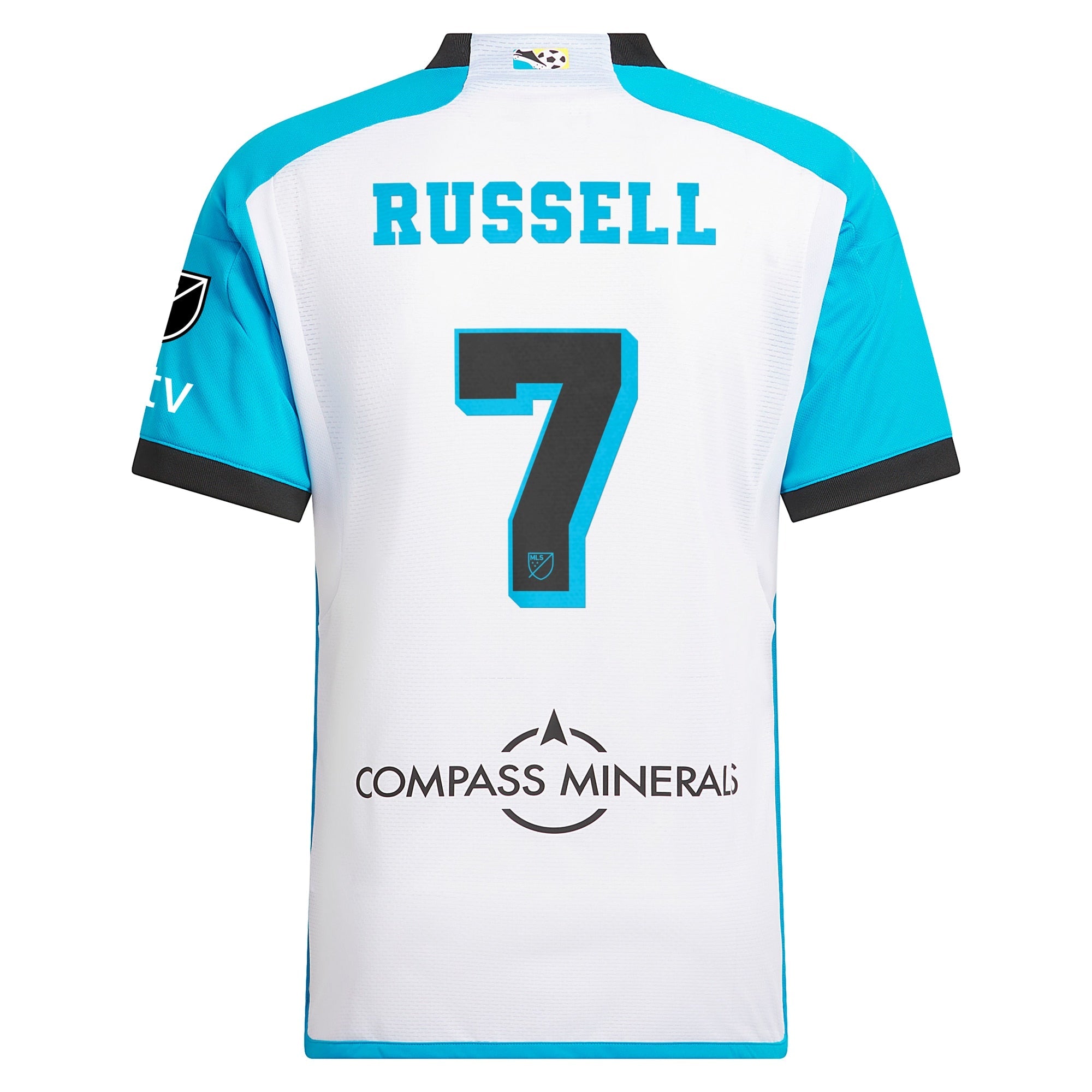 Back view of adidas Johnny Russell 2025 Kansas City jersey with number 7 and sponsor logo