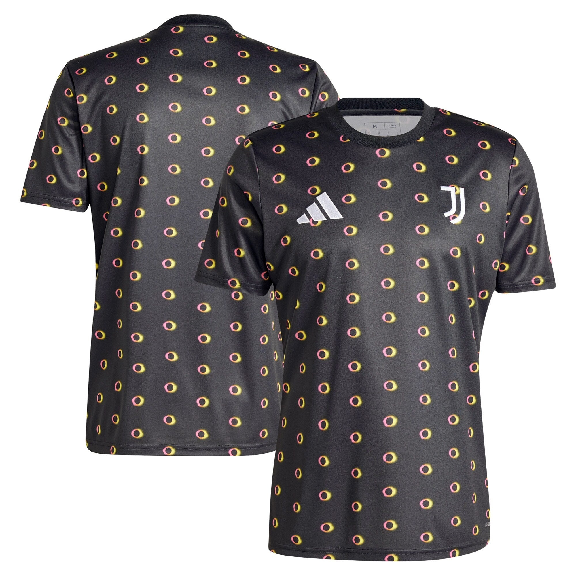 Adidas Juventus pre-match top 2024 in black with yellow and red circular pattern and team logos