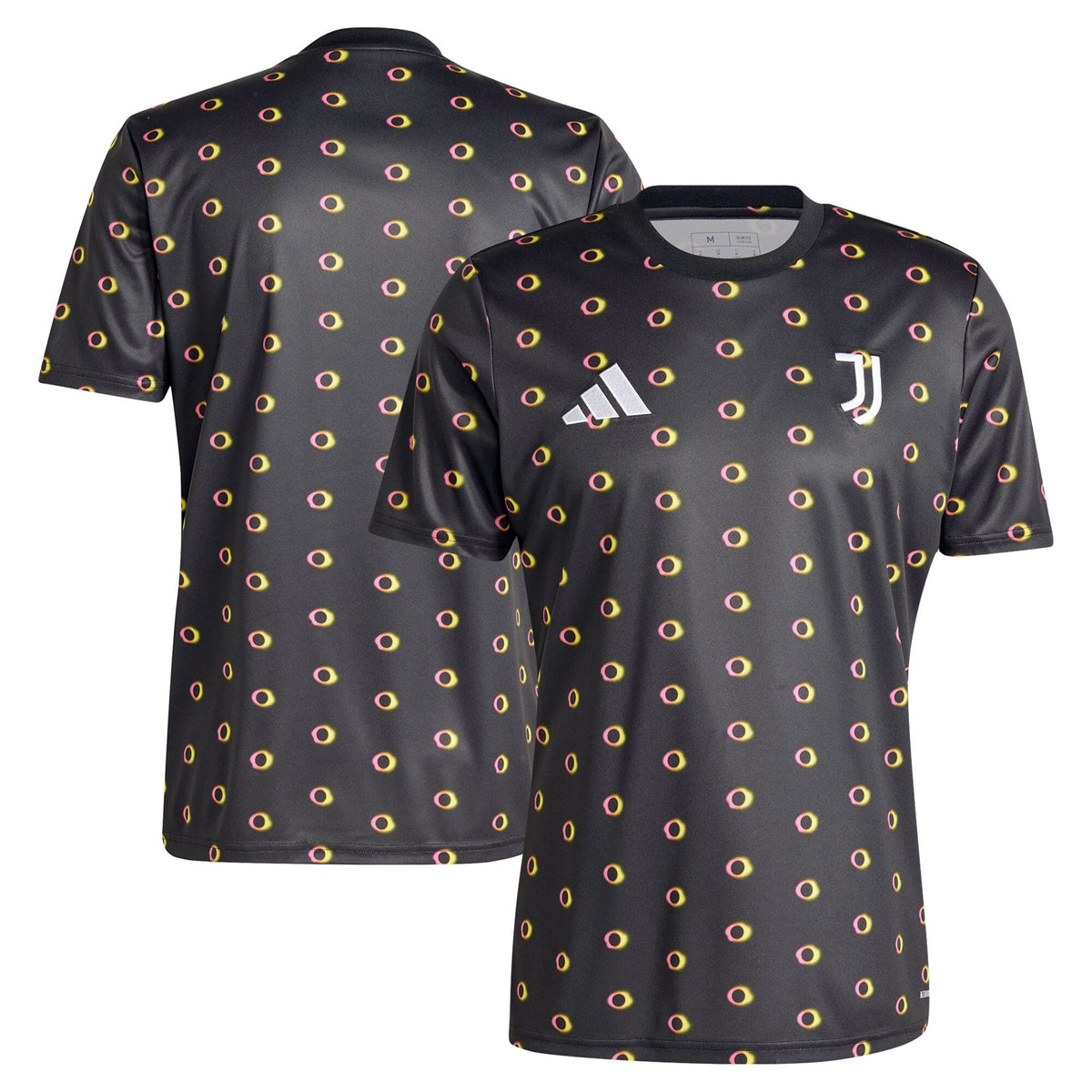 Adidas Juventus pre-match top 2024 in black with yellow and red circular pattern and team logos