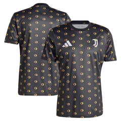 Adidas Juventus pre-match top 2024 in black with yellow and red circular pattern and team logos