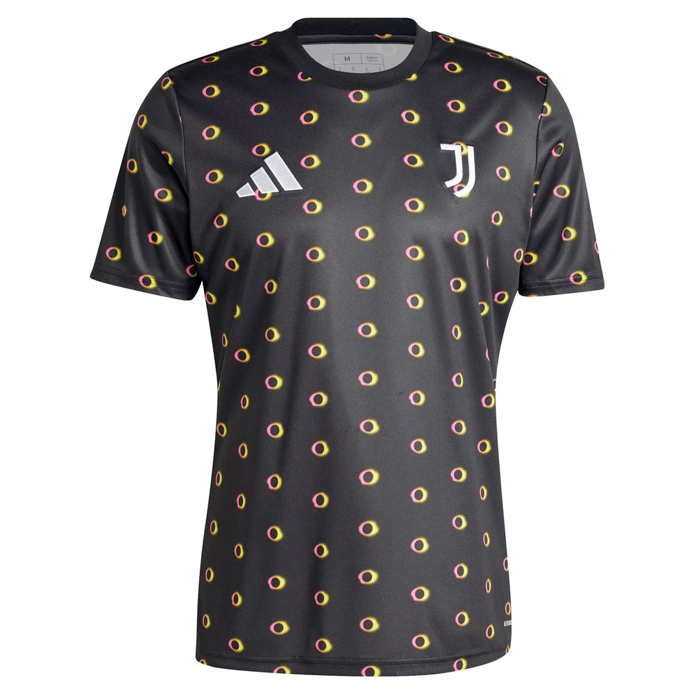 Adidas Juventus pre-match top 2024 in black with yellow and pink circular pattern and club logo