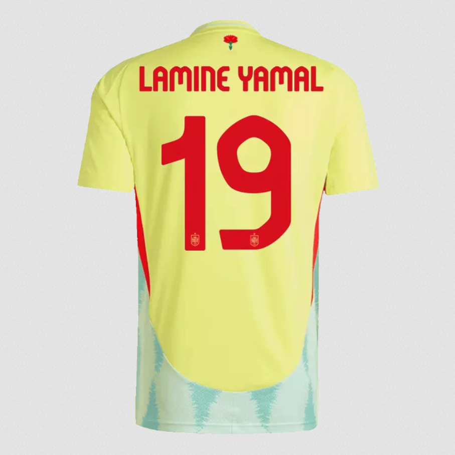 Adidas Lamine Yamal Spain away jersey showing yellow back with red name and number 19