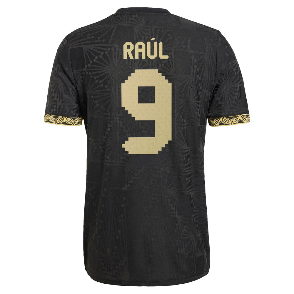 adidas Raul Jimenez Mexico 2025 Jersey in black with gold number 9 and name Raul on back