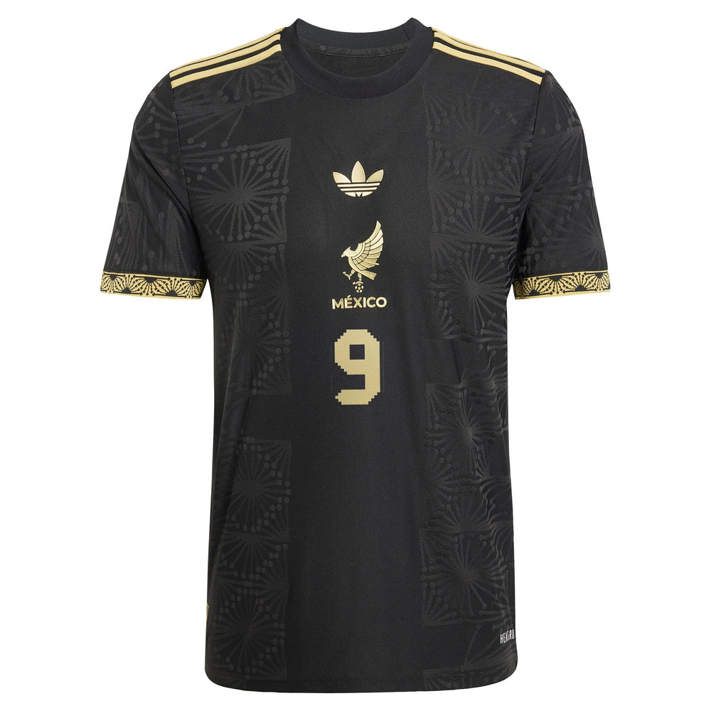 adidas Raul Jimenez Mexico 2025 Jersey in black with gold details and number 9 front design