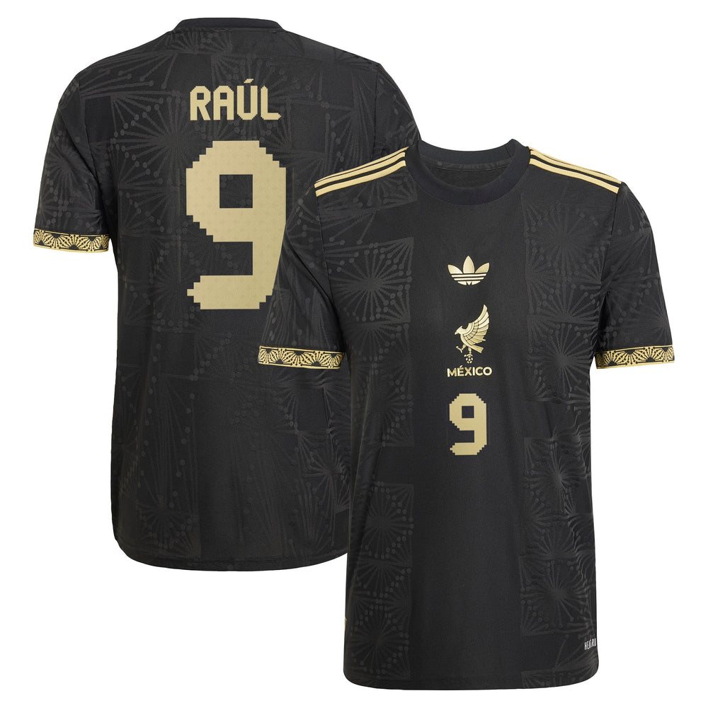 Adidas Raul Jimenez Mexico 2025 Jersey in black with gold number 9 and decorative details