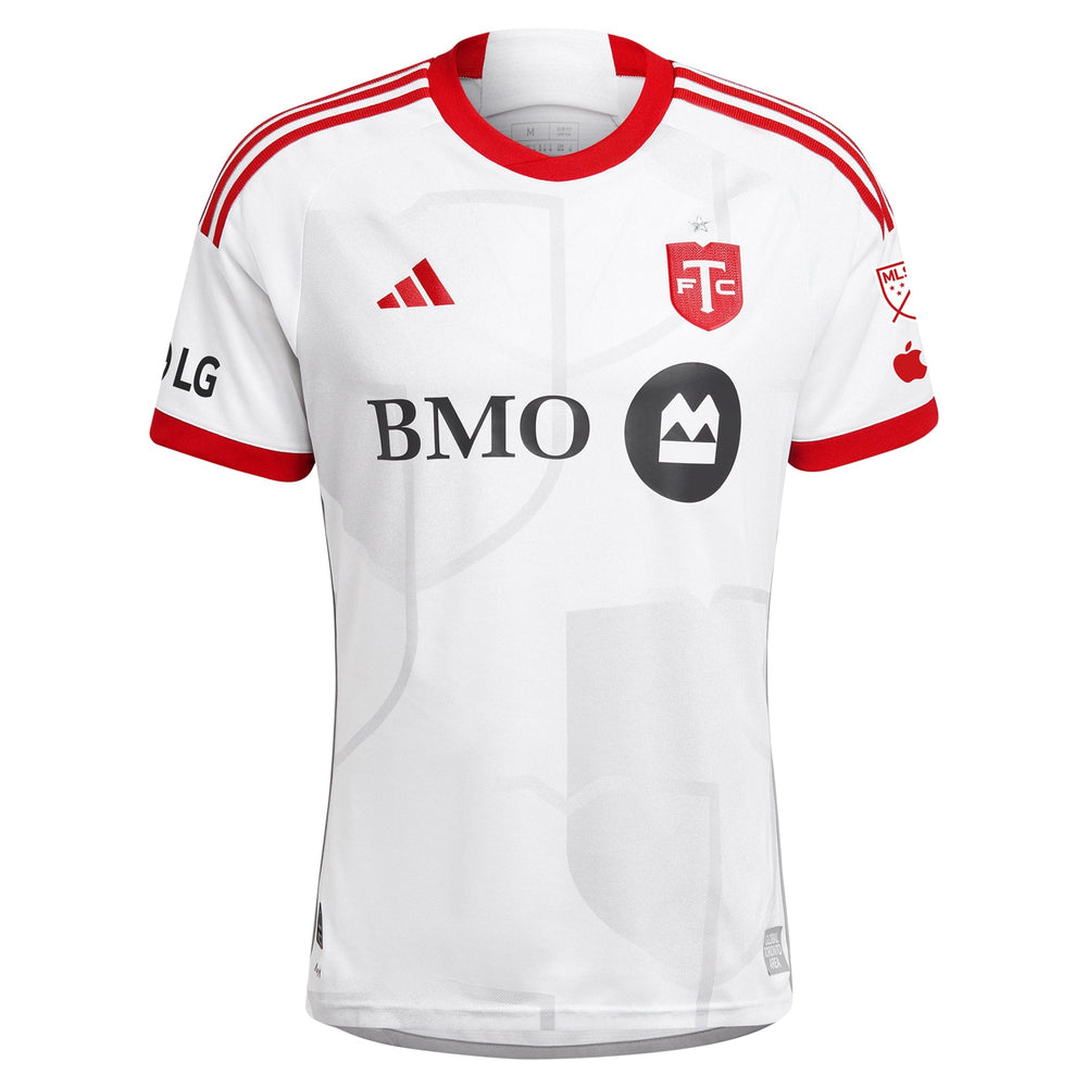 adidas Toronto FC 2025 kit white soccer jersey with red trim and sponsor logos